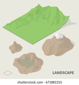 Landscape and terrain in isometric view with shadow including with symbol.