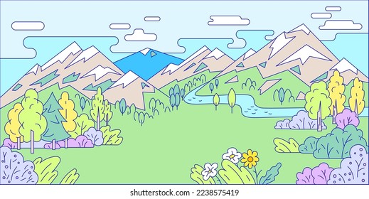 Landscape terrain view, river outdoor high mountain and national forest park woodland, hide peaceful location cartoon line vector illustration.