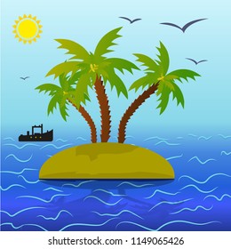 Landscape of three palm trees on an island, around a blue sea, the sun shines and seagulls fly, vector