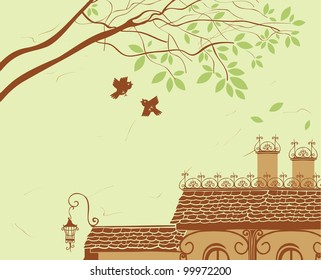 Landscape with tiled roof, tree and bird