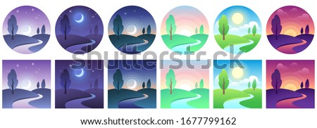 Landscape time icons. Sky and field daytime circle and square icon vector set. Landscape night and day, moon and sun, time day morning different illustration