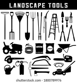 Landscape Tools, Do it Yourself for lawn, grass, trees, orchard care and maintenance, twenty-six silhouette icons isolated on white background.