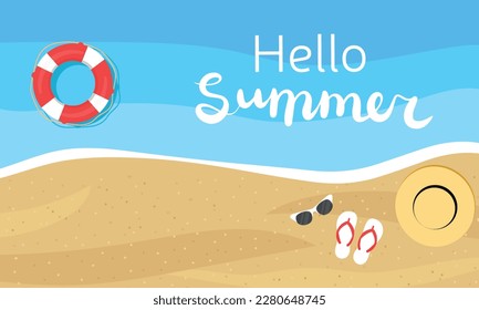 Landscape top view hello summer. Summer banner with holiday or vacation elements. Vector illustration.