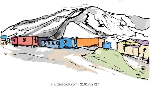 Landscape with a tourist camp at the foot of the volcano Avachinskaya Sopka, Kamchatka, Russia. Colored ink drawing 
