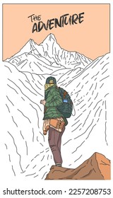 Landscape with tourist or hiker character standing on cliff