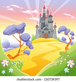 Landscape with tower. Funny cartoon and vector illustration.