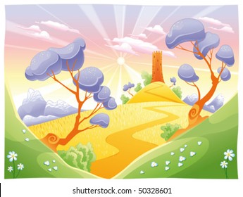 Landscape with tower. Funny cartoon and vector illustration.