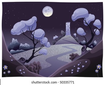 Landscape with tower in the night. Funny cartoon and vector illustration.