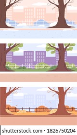 Landscape town park for winter, spring, summer and autumn. Urban recreation area with trees, walkway, city skyline on the background. Cute vector illustration of natural seasons background. 