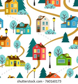 Landscape of town or village, seamless pattern. Vector children flat cartoon illustration.