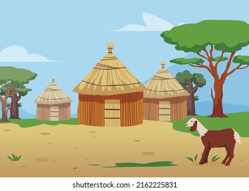 Landscape with traditional African huts, trees and animal flat style, vector illustration. Thatched yellow roof houses, closed doors, brown and white sheep