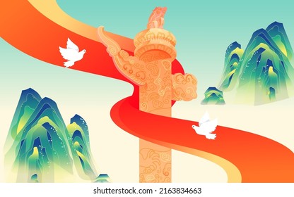 Landscape of traditional ancient buildings with mountains and clouds in the background, vector illustration