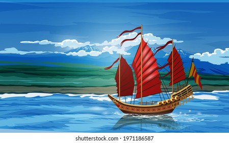 Landscape with Traditional Asian Chinese Junk Ship Made of Wood with Red and Orange Sails and blue sky, river,green valley, forest, mountains, clouds and snow peaks on background