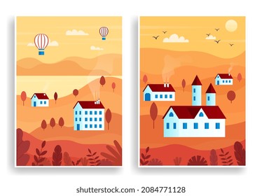 Landscape traditional buildings set. Houses stand on hills, beautiful sunset or sunrise. Invitation and greeting cards, postcards. Cartoon flat vector illustrations isolated on white background