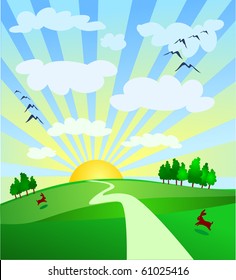 Landscape with trail and sun, vector illustration