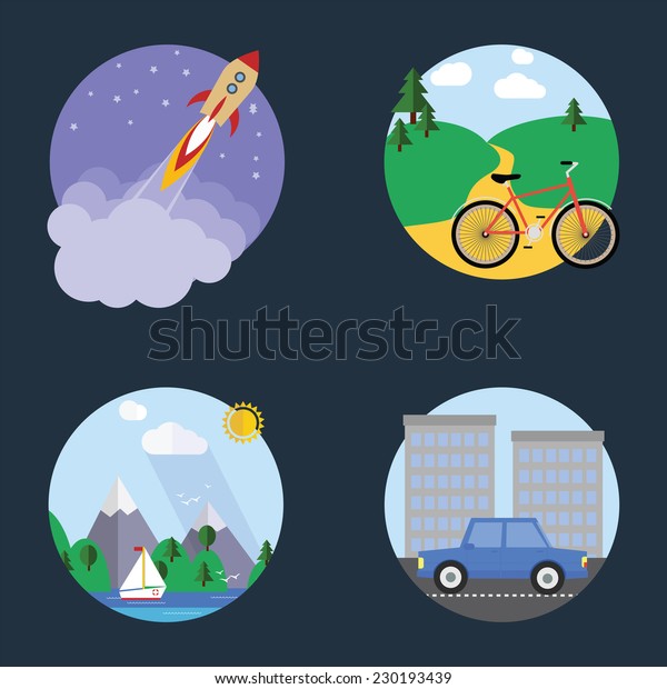 Landscape and transport icon set with rocket in space,\
bike in hilly plain, ship on mountain lake  and car in city. For \
design, vector, EPS\
10