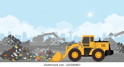 landscape with trash piles city on background. Bulldozer driver manages the garbage. Plastic pollution and waste recycling process. Vector illustration.