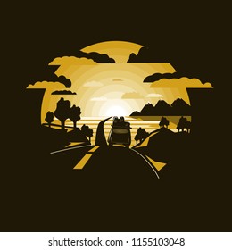 landscape with travel car rides on the road.Negative spave.flat design