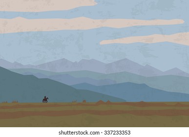 landscape travel nature mountains riders horse. One rider and wild landscape. Color vector illustration. EPS8