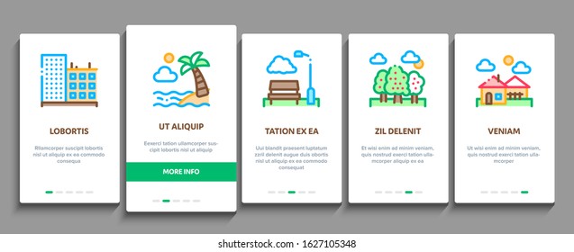 Landscape Travel Place Onboarding Mobile App Page Screen Vector. City And Seaside, Island And Mountain, Bridge And Park Landscape Concept Linear Pictograms. Color Contour Illustrations