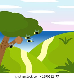 landscape tree with bee hive and bees. landscape sea. flat illustration