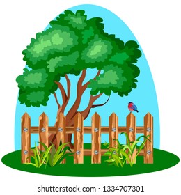 landscape, tree behind the fence, grass