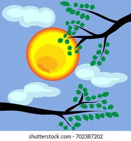 Landscape: tree branches with leaves against the background of the sun, clear sky, light clouds