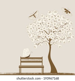 Landscape with tree and butterflies and bench