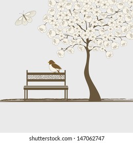 Landscape with tree, butterfly and bird on bench