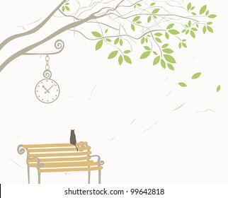landscape with tree and cat on bench