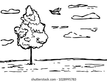 landscape tree clouds vector sketch isolated