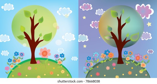 Landscape with tree at day and night cartoon