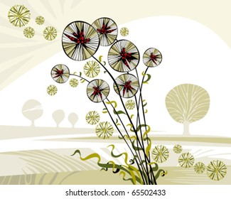 Landscape with tree and flower plants