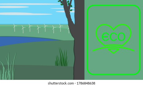 Landscape with tree and foliage, lake and grass. White wind turbines on green meadows. Eco logo. EPS10