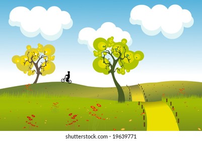 Landscape with tree, grass and flowers