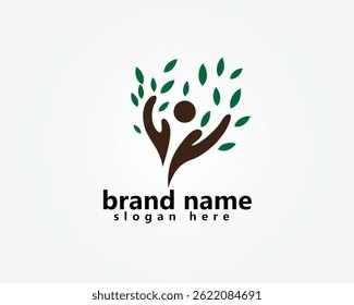 landscape, tree logo, two hands as if forming a person raising their hands decorated with leaves, logo design template