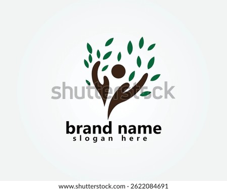 landscape, tree logo, two hands as if forming a person raising their hands decorated with leaves, logo design template