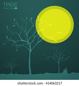 Landscape with tree at moon set hand draw from imagination,Vector illustration