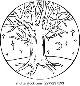 Landscape with tree at night in the light of the moon and stars inside the circle vector illustration