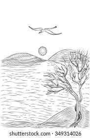 landscape with tree on a hilly sea shore and flying seagull. Monochrome freehand ink drawn sketch in art doodle style pen.