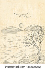 landscape with tree on a hilly sea shore and flying seagull. Monochrome freehand ink drawn sketch in art doodle style pen with canvas background.