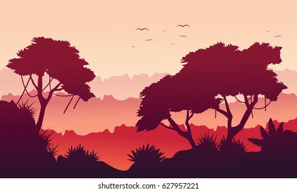 Landscape tree on the jungle silhouette