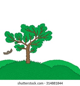 landscape with tree and owl. Vector natural background illustration as a template for text. Hand drawn cartoon style illustration.
