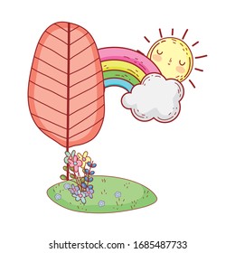 landscape tree rainbow flowers sun foliage grass cartoon isolated icon design vector illustration