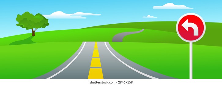 paisaje con un árbol y una señal de carretera