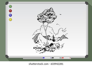 Landscape with tree and rocky mountain. Hand drawn vector stock illustration