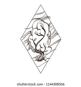 Landscape with tree in the shape of diamond. Outline vector illustration isolated on white background for posters, stickers and much more.