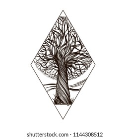Landscape with tree in the shape of diamond. Outline vector illustration isolated on white background for posters, stickers and much more.