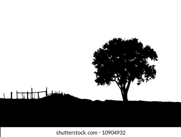 Landscape and tree silhouette (vector, illustration, background )