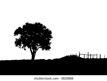 Landscape and tree silhouette (vector, illustration, background )